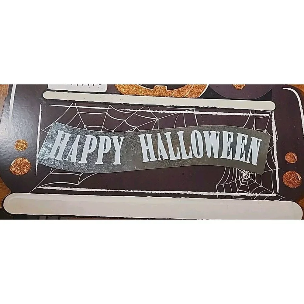 Halloween Truck Pumpkin Skull Cat Glitter Hanging Wall Door Sign Décor 11x11